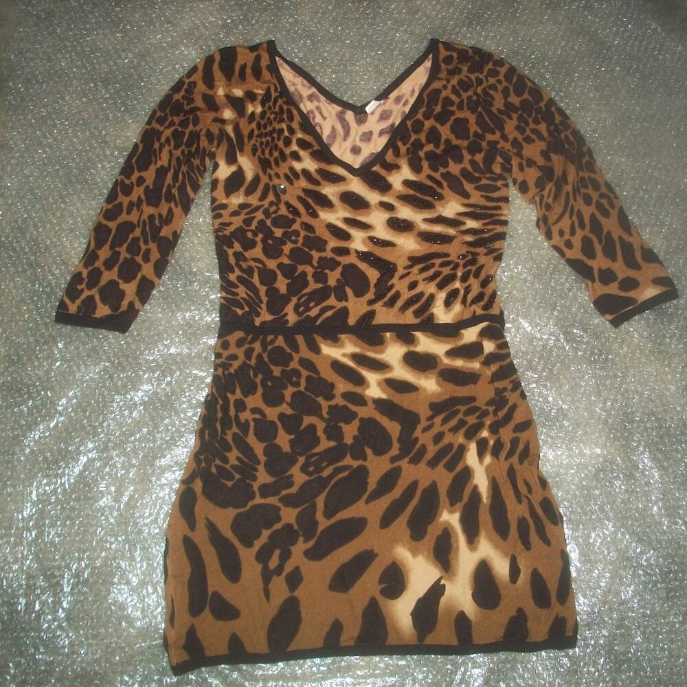 womens VENUS sweater dress.Leopard print.Black sequins.size medium